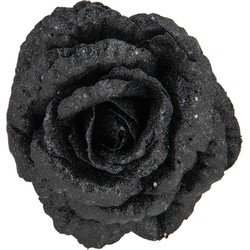 1x stuks decoratie bloemen roos zwart glitter op clip 18 cm - Kersthangers