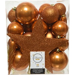 33x stuks kunststof kerstballen met ster piek cognac bruin (amber) - Kerstbal