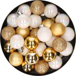 28x stuks kunststof kerstballen parelmoer wit en goud mix 3 cm - Kerstbal