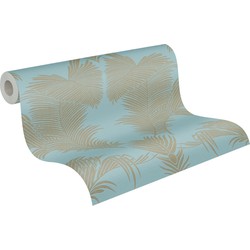 A.S. Création behang palmbladeren turquoise, goud en glanzend wit - 53 cm x 10,05 m - AS-379594