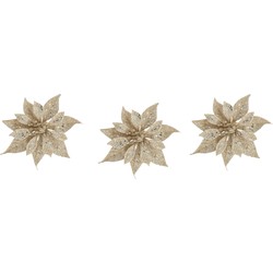 3x stuks decoratie bloemen roos champagne glitter op clip 10 cm - Kunstbloemen
