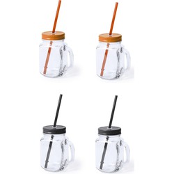 4x stuks drink potjes van glas Mason Jar zwart/oranje 500 ml - Drinkbekers