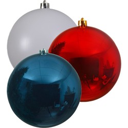 Kerstversieringen set van 6x grote kunststof kerstballen blauw-wit-rood 14 cm glans - Kerstbal