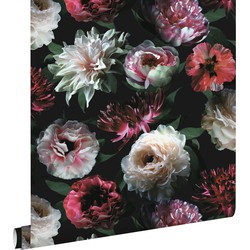 ESTAhome behang bloemen roze, zwart en donkergroen - 0,53 x 10,05 m - 139168