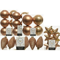 Kerstversiering kunststof kerstballen camel bruin 6-8-10 cm pakket van 62x stuks - Kerstbal