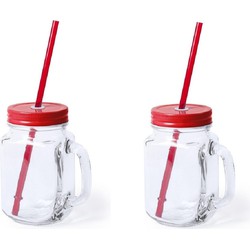 2x stuks Drink potjes van glas Mason Jar rode deksel 500 ml - Drinkbekers