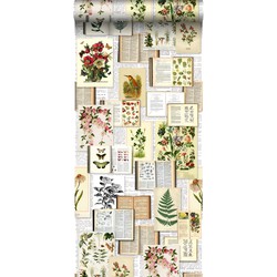 ESTAhome XXL behang bladzijden botanisch bloemen en planten boek licht crème beige, groen, bruin en okergeel - 50 x 900 cm - 158825