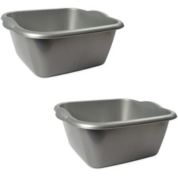 2x Rechthoekig afwasteiltje/emmertje zilver 15 liter 42 x 17 cm schoonmaakartikelen - Afwasbak