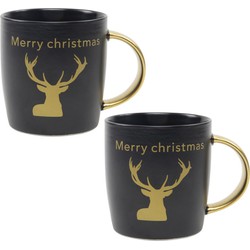 2x stuks kerst thema mokken/bekers zwart/goud Merry Christmas 350 ml - Bekers