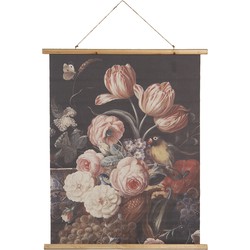 Clayre & Eef Wandkleed  80x100 cm Bruin Wit Hout Textiel Rechthoek Bloemen Wanddoek