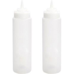PlasticForte Doseerfles/sausfles - 2x - kunststof - transparant - met schenktuit - 700 ml - 18 cm - Maatbekers