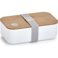 Zeller Lunch/broodtrommel 2-vaks - wit/naturel bamboe - 19 x 7 cm - Lunchboxen