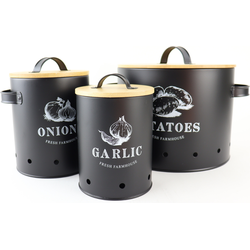 OTIX Voorraadpotten - met Deksel - Zwart - Set van 3 - Knoflookpot - Uienpot - Aardappelbak - Metaal - ARIES