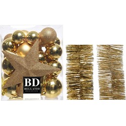 Kerstversiering kerstballen 5-6-8 cm met ster piek en folieslingers pakket goud van 35x stuks - Kerstbal