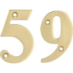 AMIG Huisnummer 59 - massief messing - 5cm - incl. bijpassende schroeven - gepolijst - goudkleur - Huisnummers