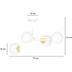 Espoo grote witte met goud plafondlamp met gebogen armen en 4x E14 in een witte bol