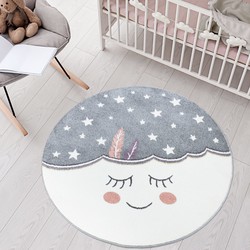 Tapijtenloods Vloerkleed Rond Laagpolig Anime Kids Grijs Wit- 120 CM ROND