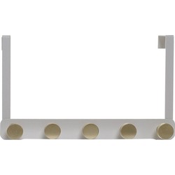 Metalen deurkapstok/rek wit met 5 goudkleurige ophangknoppen 33 cm - Kapstokken