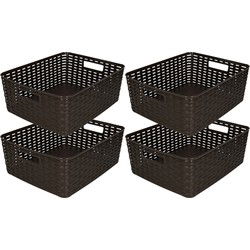 PlasticForte Opbergmand/kastmandje - 4x - 12 liter - bruin - geweven kunststof - 36 x 28 x 13 cm - Opbergbox