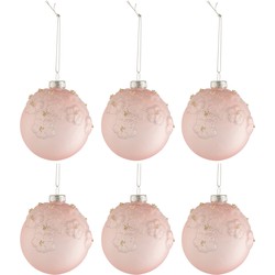 J-line - Doos Van 6 Kerstballen Bloemen Glas Mat Opal Licht Roze Small - 8x8x8cm