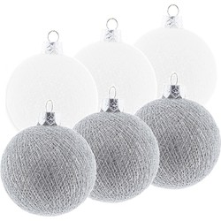 6x Wit/zilveren Cotton Balls kerstballen decoratie 6,5 cm - Kerstbal