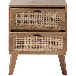 Nachtkastje met 2 lades, rotan fronten en decoratieve houten poten L45 cm - ALIA