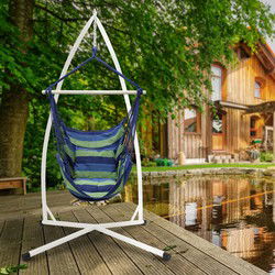 Hangstoel van katoen/hard hout, blauw/groen, belastbaar tot 120 kg met metalen frame 210 cm incl. twee kussens