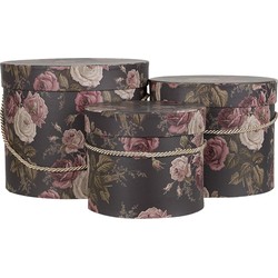 Clayre & Eef Hoedendoos Set van 3  Ø 23x20 cm Zwart Roze Karton Bloemen Opbergdoos