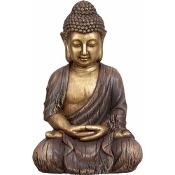 Boeddha beeldje zittend - binnen/buiten - kunststeen - bruin/goud - 30 x 45 cm - Beeldjes