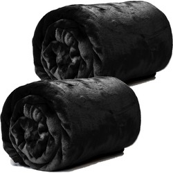Enzo Fleece dekens/plaids 2 stuks 130 x 180 cm - zwart - Plaids