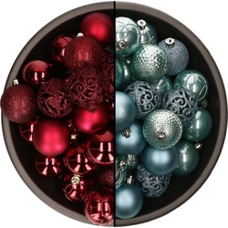 74x stuks kunststof kerstballen mix van donkerrood en ijsblauw 6 cm - Kerstbal