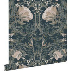 ESTAhome behang vintage bloemen in art nouveau stijl donkerblauw - 0.53 x 10.05 m - 139421
