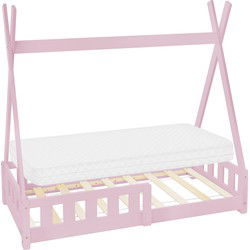 Kinderbed Tipi 70x140 cm roze van dennenhout incl. matras H-10cm uitvalbescherming en lattenbodem ML-Design