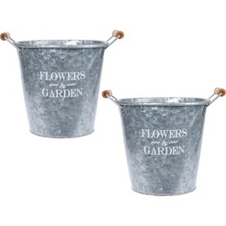 2x stuks metalen emmers/plantenpotten zilver met houten handvat 14 liter D24 x H25 cm - IJzeren emmer / teil