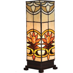 LumiLamp Tiffany Tafellamp  12x12x35 cm  Beige Bruin Glas Vierkant Tiffany Bureaulamp