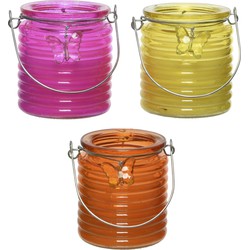 Citronella kaars - 3x - in windlicht - roze/geel en oranje - 20 branduren - citrusgeur - geurkaarsen