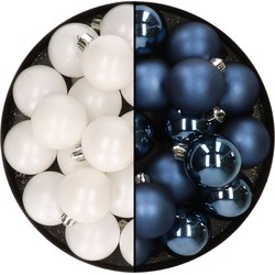 32x stuks kunststof kerstballen mix van wit en donkerblauw 4 cm - Kerstbal
