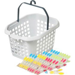 Wasknijpers ophang mandje/bakje - wit - met 60x plastic soft grip knijpers - knijperszakken