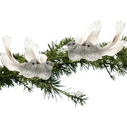 4x Kerst decoratie gliter vogeltje op clip zilver - Kersthangers