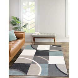 Flycarpets Palermo Vloerkleed Pastel Blauw Geblokt Motief - Laagpolig - Woonkamer - 120x170 cm