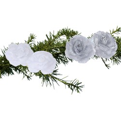 Set van 4x stuks decoratie bloemen rozen wit en zilver op clip 9cm - Kersthangers