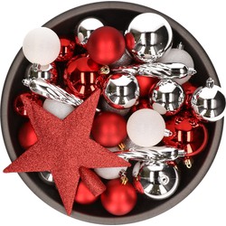 33x stuks kunststof kerstballen met piek 5-6-8 cm rood/wit/zilver incl. haakjes - Kerstbal