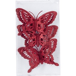 3x stuks decoratie vlinders op clip glitter rood 14 cm - Kersthangers