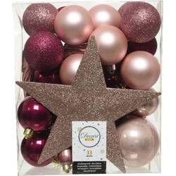 33x stuks kunststof kerstballen met ster piek roze tinten - Kerstbal