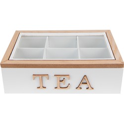 Clayre & Eef Theedoos 6 vakken  23x17x8 cm Wit Bruin MDF Glas Tea Theekist