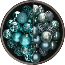74x stuks kunststof kerstballen mix turquoise blauw en ijsblauw 6 cm - Kerstbal