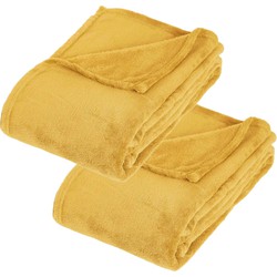 2x Stuks Fleece deken/fleeceplaid oker geel 130 x 180 cm polyester - Plaids