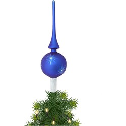 Kerst piek van glas mat blauw gedecoreerd H28 cm - kerstboompieken
