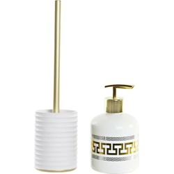 Toiletborstel met houder - Zeeppompje - keramiek/metaal - wit/goud - Badkameraccessoireset