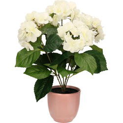 Hortensia kunstplant/kunstbloemen 40 cm - wit - in pot lichtroze glans - Kunstplanten